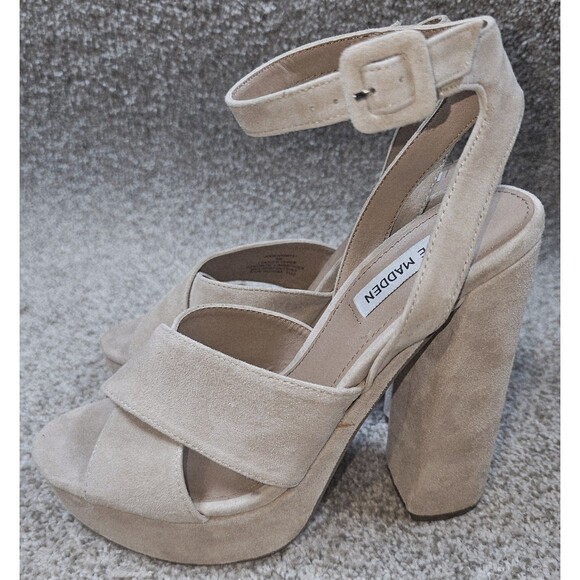 Steve Madden Jodi Platform High Heels Women Size 9 Suede Ankle Strap Beige Block - Picture 1 of 12